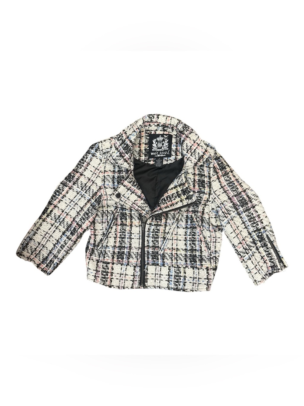 Wet Seal Pink, Black & Cream Tweed Moto Jacket for Kids Y2K Chic Outerwear Coat